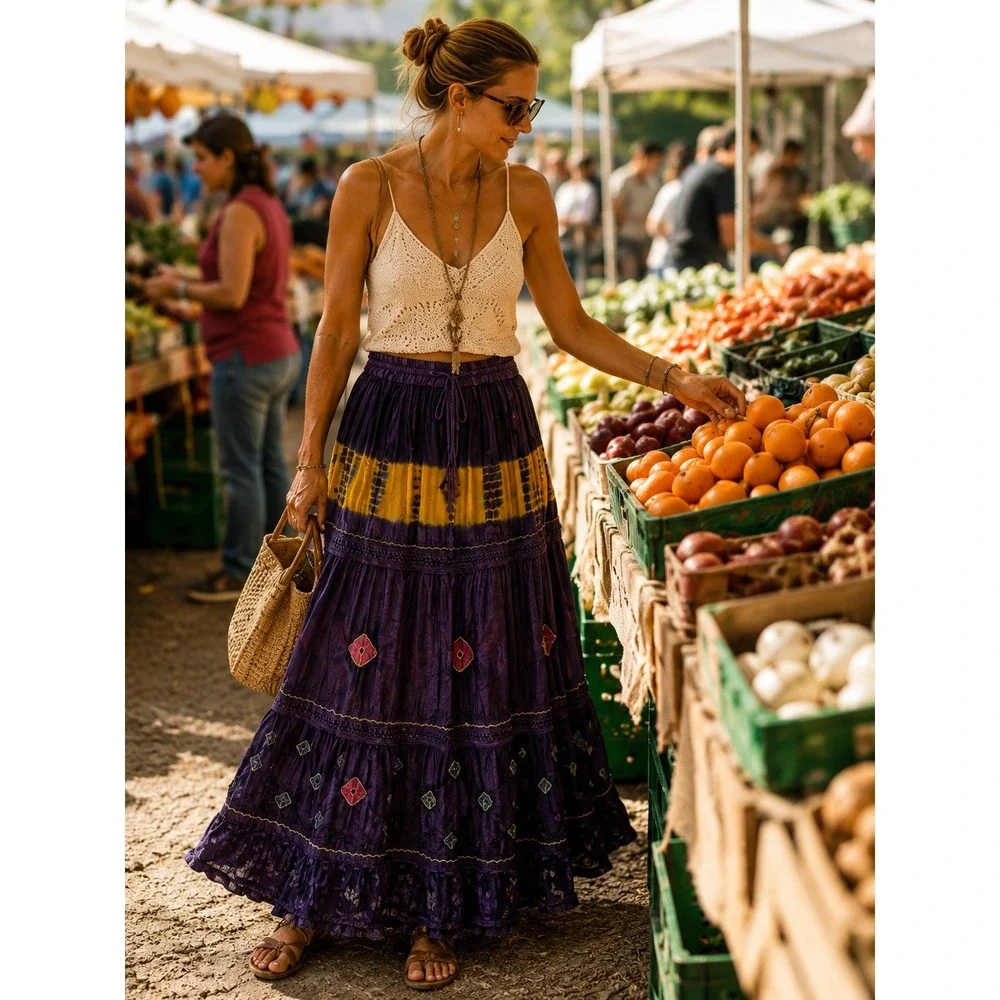 Boho Purple Yellow Tie Dye Embroidered Tiered Maxi‎ Skirt One Size Rayon